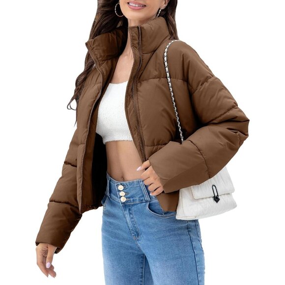 〽️Women's Brown WHN Cropped Quilted Puffer Jacket Winter Warm Full Zip Coat